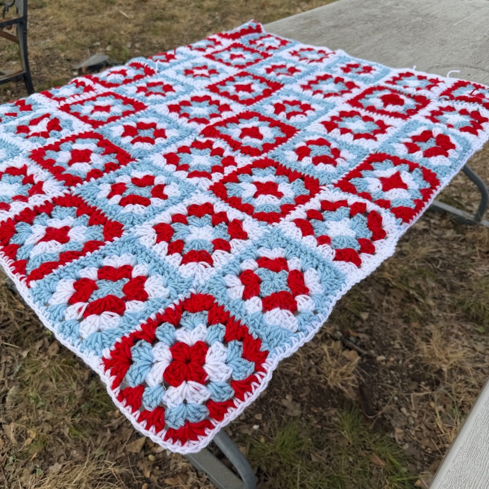 Handmade Crochet Granny Square Blanket Red White Blue Throw 39x33 Cottagecore